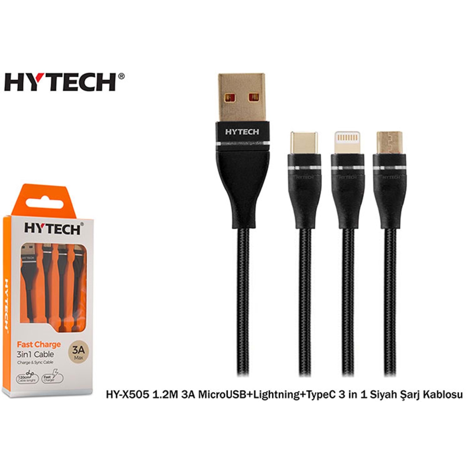 AUE Depon HYTECH HY-X505 1.2m 3A Micro USB/Iphone/Type-C Şarj Kablosu